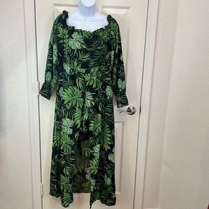 Shein XL Tropical Palm Short Romper Flowing Dress On Off Shoulder Elastic Chest